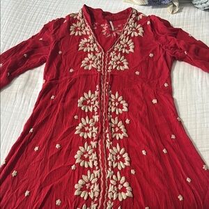 Free People Red Dress with Floral Embroidery